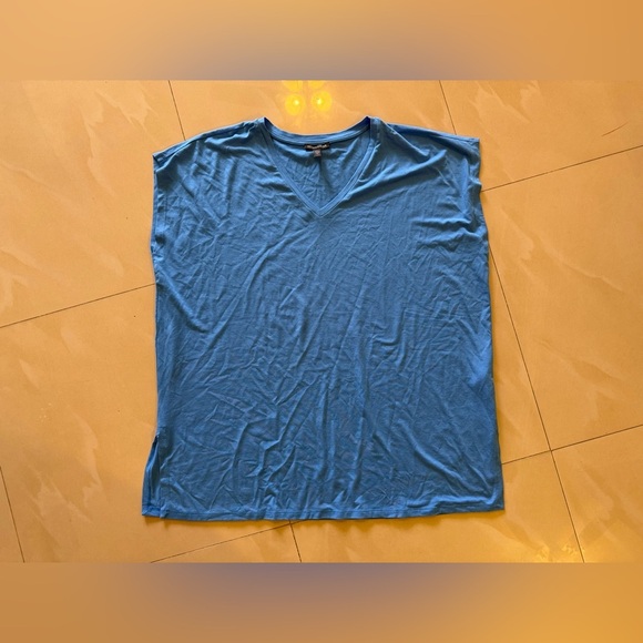 EILEEN FISHER Womens  Boxy V-Neck Tee Shirt Top in Coast Blue Short Sleeve L - Picture 11 of 16